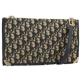 Christian Dior Trotter Canvas Schultertasche Navy Gold Auth 151054