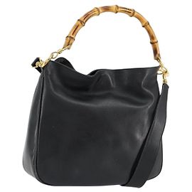 Bolsa de mão em couro Gucci Bamboo 2way Preto Ouro 001 2113 1638 Auth th6469