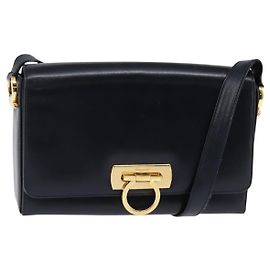Borsa a spalla in pelle Gancini Chain di Salvatore Ferragamo, blu navy, oro, autentica 147512