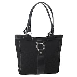 Salvatore Ferragamo Gancini Tote Tasche aus Canvas und Leder Schwarz Silber Authentisch 143217