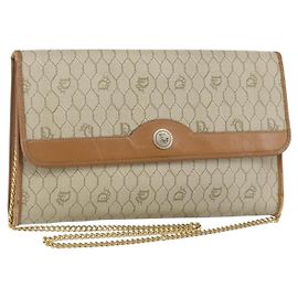 Bolsa de ombro em lona de favo de mel Christian Dior com corrente PVC bege ouro Auth 143712
