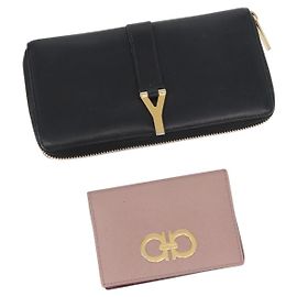 Portafoglio in pelle Salvatore Ferragamo Saint Laurent 2 pezzi Rosa Nero Auth am9788