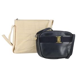 Borsa a Spalla Salvatore Ferragamo in Pelle Tela 2 Set Beige Blu Navy Auth 145275