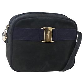 Borsa a Spalla Vala in Camoscio Blu Navy e Oro Auth BA7534 di Salvatore Ferragamo