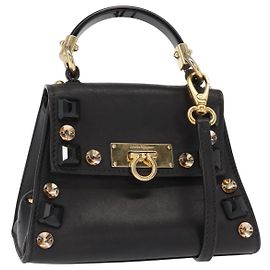Borsa a mano in pelle Gancini Salvatore Ferragamo 2 in 1 Nero Oro Auth 151370