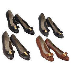 Salvatore Ferragamo Vala Pumps Schuhe Leder 4 Set Schwarz Braun Auth 149772