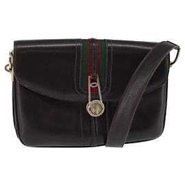 Borsa a spalla in pelle Sherry Line di GUCCI, marrone scuro, oro e rosso, autentica ep11429
