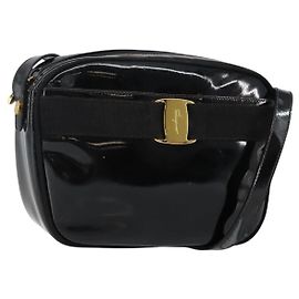 Borsa a Spalla Salvatore Ferragamo Vala Smalto Nero Oro Auth 143264