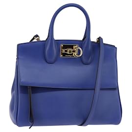 Borsa a mano in pelle Gancini Studio Salvatore Ferragamo 2 in 1 Blu Oro Auth 144870