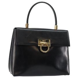 Borsa a Mano Salvatore Ferragamo Gancini Smalto 2 vie Nero Oro Auth 146337