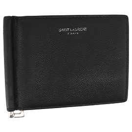 SAINT LAURENT Portafoglio Clip in Pelle Nera Argento Auth BA8469
