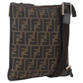 Borsa a Spalla FENDI in Tela Zucca Nera Marrone Oro Auth 156175
