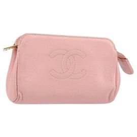 Pochete CHANEL COCO Mark em Couro Caviar Rosa Ouro CC Auth bs31452