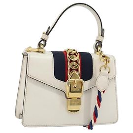 GUCCI Sherry Line Handtasche Leder 2way Weiß Gold Marine 470270 Auth BA8197