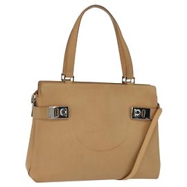 Bolsa Tote Gancini de Couro Salvatore Ferragamo 2 em 1 Bege Dourado Auth 150401