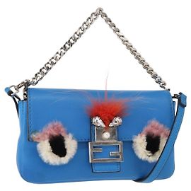 Borsa a Spalla FENDI Micro Bucket Monster in Pelle 2 in 1 Blu Argento Autentica bs30913