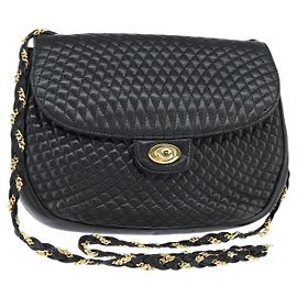 BALLY Borsa a Spalla Trapuntata in Catena in Pelle Nera e Oro Auth gh1162