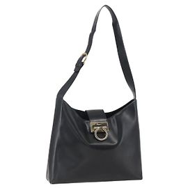 Borsa a Spalla Gancini in Pelle Nera e Oro Salvatore Ferragamo Auth 157063