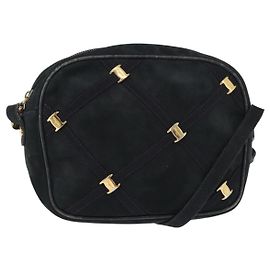 Borsa a Spalla Vala in Camoscio Blu Navy e Oro Auth BA7661 di Salvatore Ferragamo