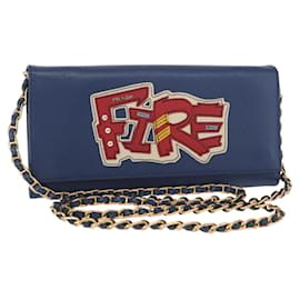 PRADA Borsa a Spalla con Catena in Pelle Safiano Blu Oro Auth ka128