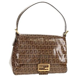 FENDI Zucchino Canvas Mamma Baguette Bag Enamel Beige Gold Auth yk20093V