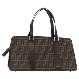 FENDI Zucca Canvas Hand Bag Black Brown Silver Auth ka063