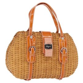 Borsa a mano Vala in rattan e pelle marrone argento Salvatore Ferragamo Auth am9489