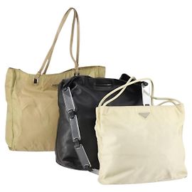 PRADA Tote Bag aus Nylon und Leder 3-teilig Beige Schwarz Auth bs30533