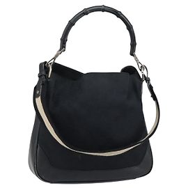 Bolsa de Ombro em Lona GG Gucci Bamboo 2way Preta Prata 001 4095 Auth ep11959
