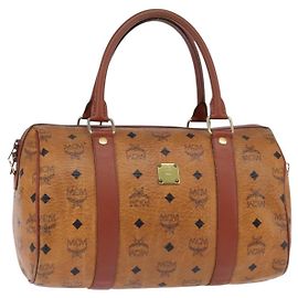 Borsa Boston MCM Logogram Vicetos in pelle PVC marrone e oro Auth gh902