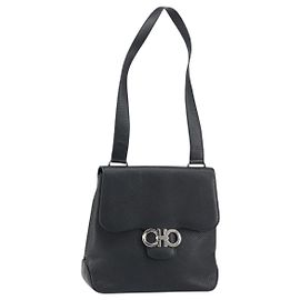 Salvatore Ferragamo Gancini Shoulder Bag Leather Black Silver Auth BA8229