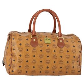 Borsa Boston MCM Logogram Vicetos in pelle PVC marrone e oro Auth 154457