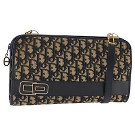Borsa a Spalla in Tela Trotter Christian Dior Blu Navy Oro Auth 146109