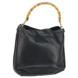 Borsa a mano in pelle Gucci Bamboo nera e oro 001 2123 1638 Auth ep11605