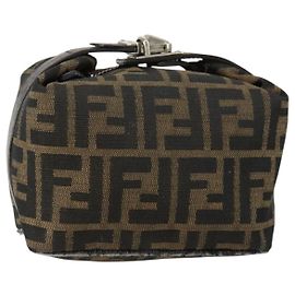 Borsa a mano in tela Zucca FENDI Nera Marrone Auth 153070