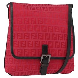 Bolso de Hombro de Lona Zucchino FENDI Rojo Plata Auth 155957V