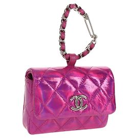 CHANEL Matelassé Pochette Charm Pelle Verniciata Rosa Argento CC Auth ti3561SAM