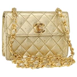 CHANEL Mini Matelasse Chain Shoulder Bag Lamb Skin Gold CC Auth