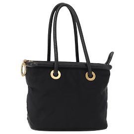 Céline Borsa a mano CELINE Circle in nylon e pelle nera dorata Auth 153316