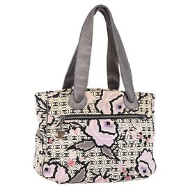 CHANEL Tote Bag Canvas Leather Beige Silver CC Auth 155092