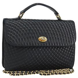 BALLY Bolso de Hombro de Cadena Cuero 2en1 Negro Oro Auth 152729