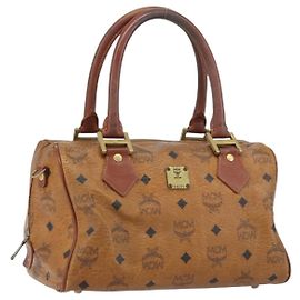 MCM Logogram Vicetos Hand Bag PVC Leather Brown Gold Auth BA8640