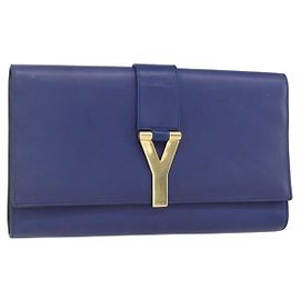 Saint Laurent Bolsa Clutch Y line em couro azul e dourado Auth 157266V