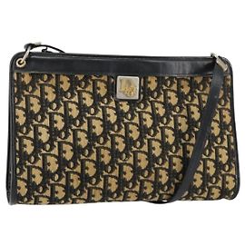 Sac à épaule en toile Trotter Christian Dior bleu marine or Auth 154374