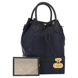 FENDI Pecan Canvas Hand Bag PVC Navy Gold Auth 146482