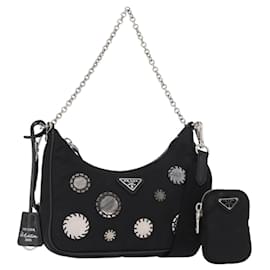 PRADA Re-Edition 2005 Borsa a Spalla Nylon 2in1 Nero Argento 1BH204 Auth 157130SAM