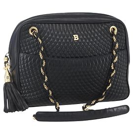 BALLY Borsa a Spalla con Catena Pelle Nera Oro Auth 154725