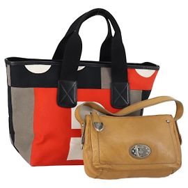 BALLY Borsa a Mano in Tela e Pelle 2 Pezzi Beige Bianco Auth am9153