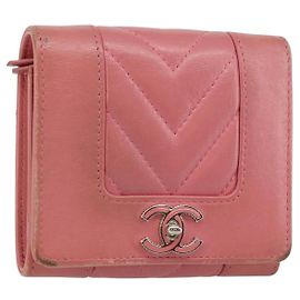 CHANEL V Stitch COCO Mark Dreifach-Brieftasche aus Lammleder Rosa Silber CC Auth 146750