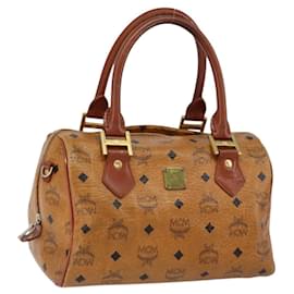 Borsa Boston MCM Logogram Vicetos in pelle PVC marrone e oro Auth gh1076
